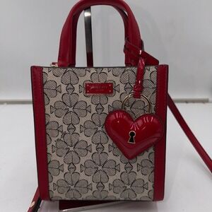 kate spade Red and Beige Printed Crossbody Tote with Heart Charm
